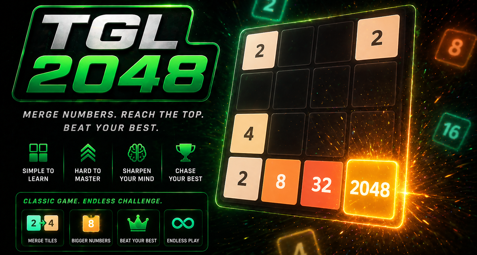 TGL 2048 hero — neon TGL 2048 logo with the tagline Merge Numbers. Reach The Top. Beat Your Best., a glowing 4×4 board showing tiles 2, 4, 8, 32, and a lit-up 2048 tile