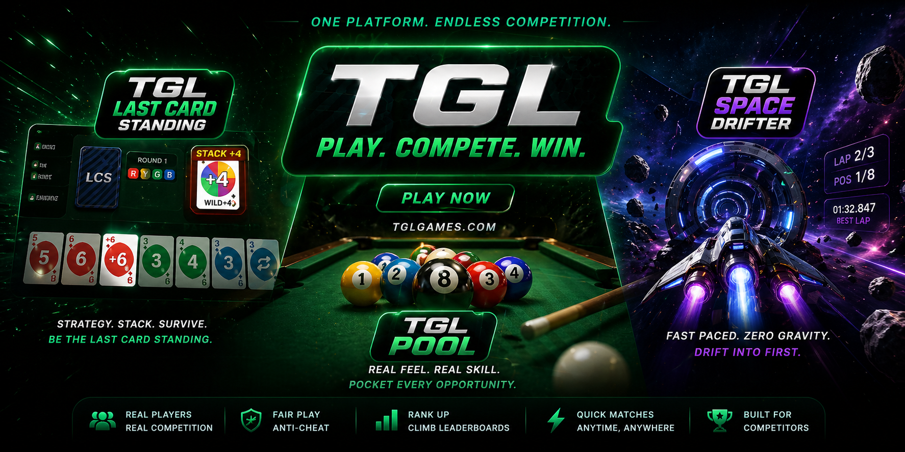 tglgames.com — One Platform. Endless Competition. TGL · Play. Compete. Win. Hero showing TGL Last Card Standing card layout with Round 1 / Stack +4 / Wild +4 cards (Strategy. Stack. Survive. Be the Last Card Standing.), TGL Pool 8-ball rack on green felt with cue stick (Real Feel. Real Skill. Pocket Every Opportunity.), and TGL Space Drifter starship with neon thrusters (Fast Paced. Zero Gravity. Drift Into First.), plus feature pills Real Players Real Competition · Fair Play Anti-Cheat · Rank Up Climb Leaderboards · Quick Matches Anytime Anywhere · Built For Competitors