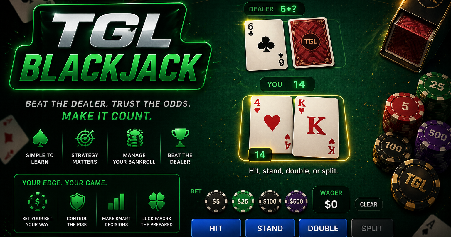 TGL Blackjack hero — neon TGL BLACKJACK logo with the tagline Beat The Dealer. Trust The Odds. Make It Count., dealer showing 6 of clubs plus a face-down hole card (Dealer 6+?), player hand four of hearts and king of hearts totaling 14, HIT/STAND/DOUBLE/SPLIT action buttons, chip stacks $5/$25/$100/$500, shoe at upper right, feature pills Simple To Learn, Strategy Matters, Manage Your Bankroll, Beat The Dealer, plus Your Edge Your Game — Set Your Bet, Control The Risk, Make Smart Decisions, Luck Favors The Prepared