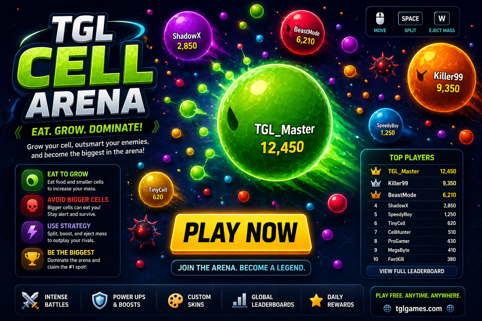 TGL Cell Arena hero — chunky neon TGL CELL ARENA logo over a dark arena, the player's giant green TGL_Master cell at center surrounded by colored AI cells (ShadowX, BeastMode, Killer99, SpeedyBoy, TinyCell), spike hazards, food pellets, a glowing PLAY NOW button, and a TOP PLAYERS leaderboard panel.