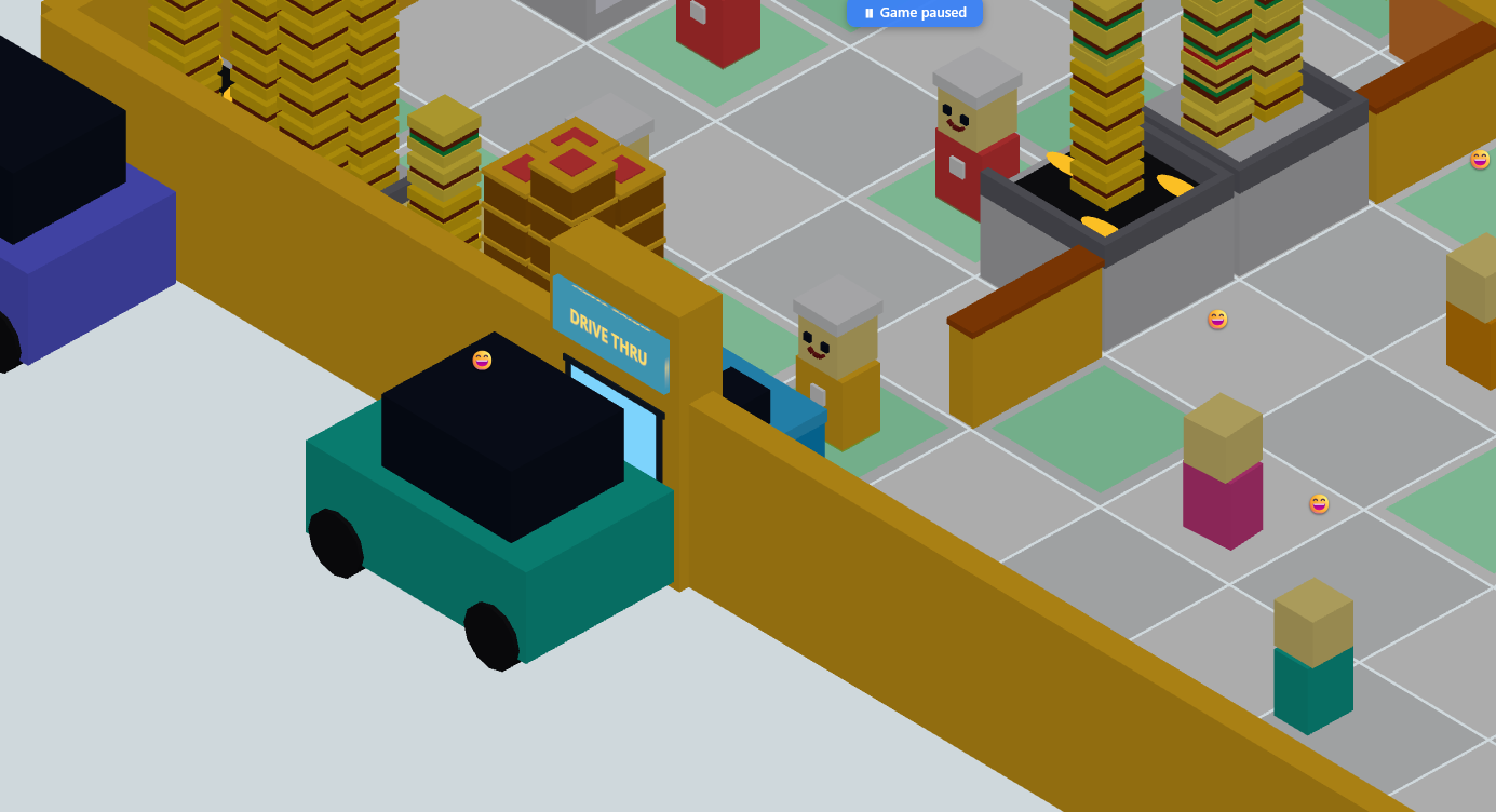 Crazy Fast Food in-game screenshot — close-up of the drive-through lane: a teal car pulled up to the DRIVE THRU window with a cashier inside, burger and fry stacks behind the counter, and dining-room customers visible through the kitchen wall