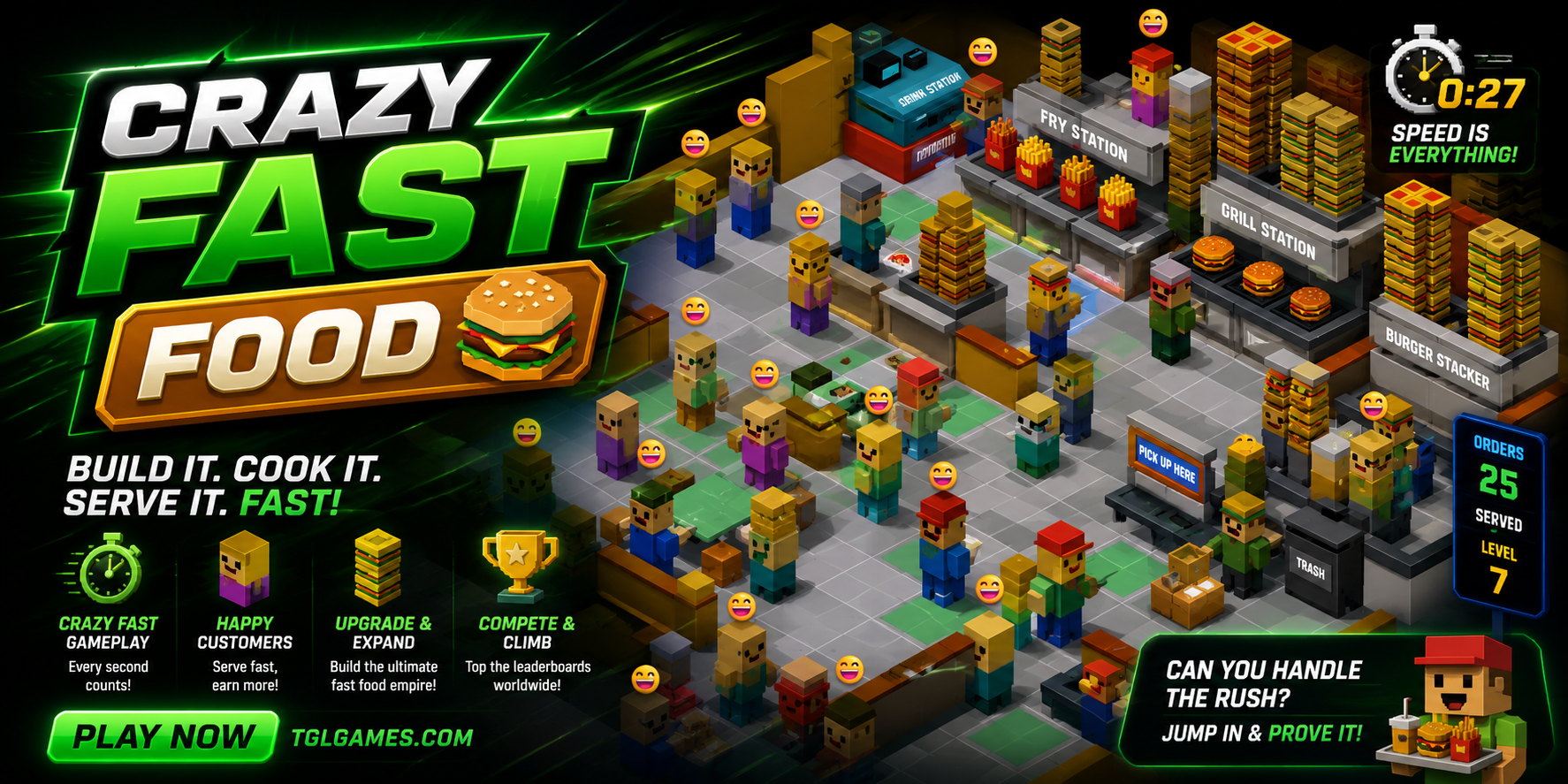 Crazy Fast Food hero banner — voxel-style isometric restaurant with grill, fry, and drink stations, customers in line, burger stacks, a drive-through, and the tagline BUILD IT. COOK IT. SERVE IT. FAST!