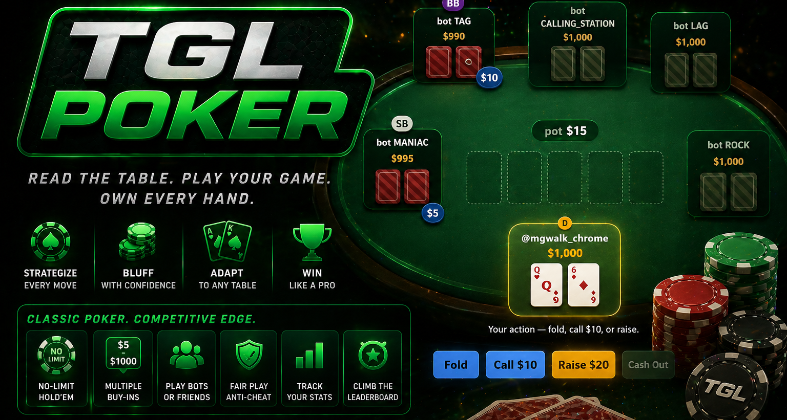 TGL Poker hero — neon TGL POKER logo with the tagline Read The Table. Play Your Game. Own Every Hand., a 6-handed table view with bot seats labeled TAG, CALLING_STATION, LAG, MANIAC, ROCK, the player holding pocket queens and a six of diamonds, and action buttons Fold / Call $10 / Raise $20 / Cash Out