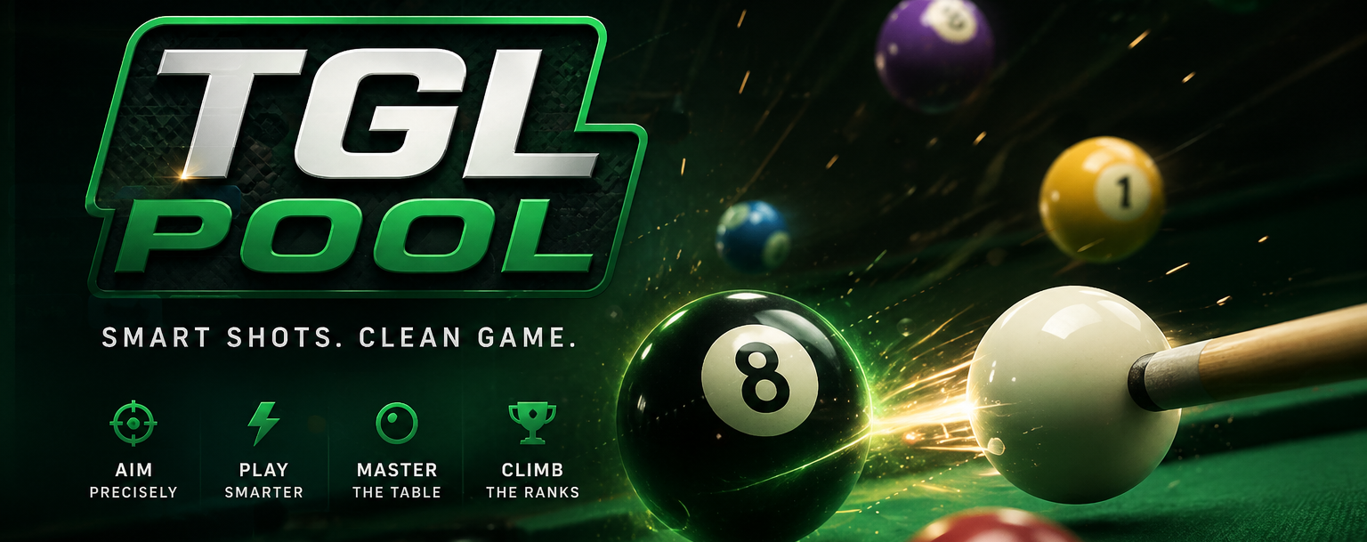 TGL Pool hero — neon TGL POOL logo with the tagline Smart Shots. Clean Game., a cue ball striking the 8-ball with sparks, surrounded by stripe and solid balls in motion