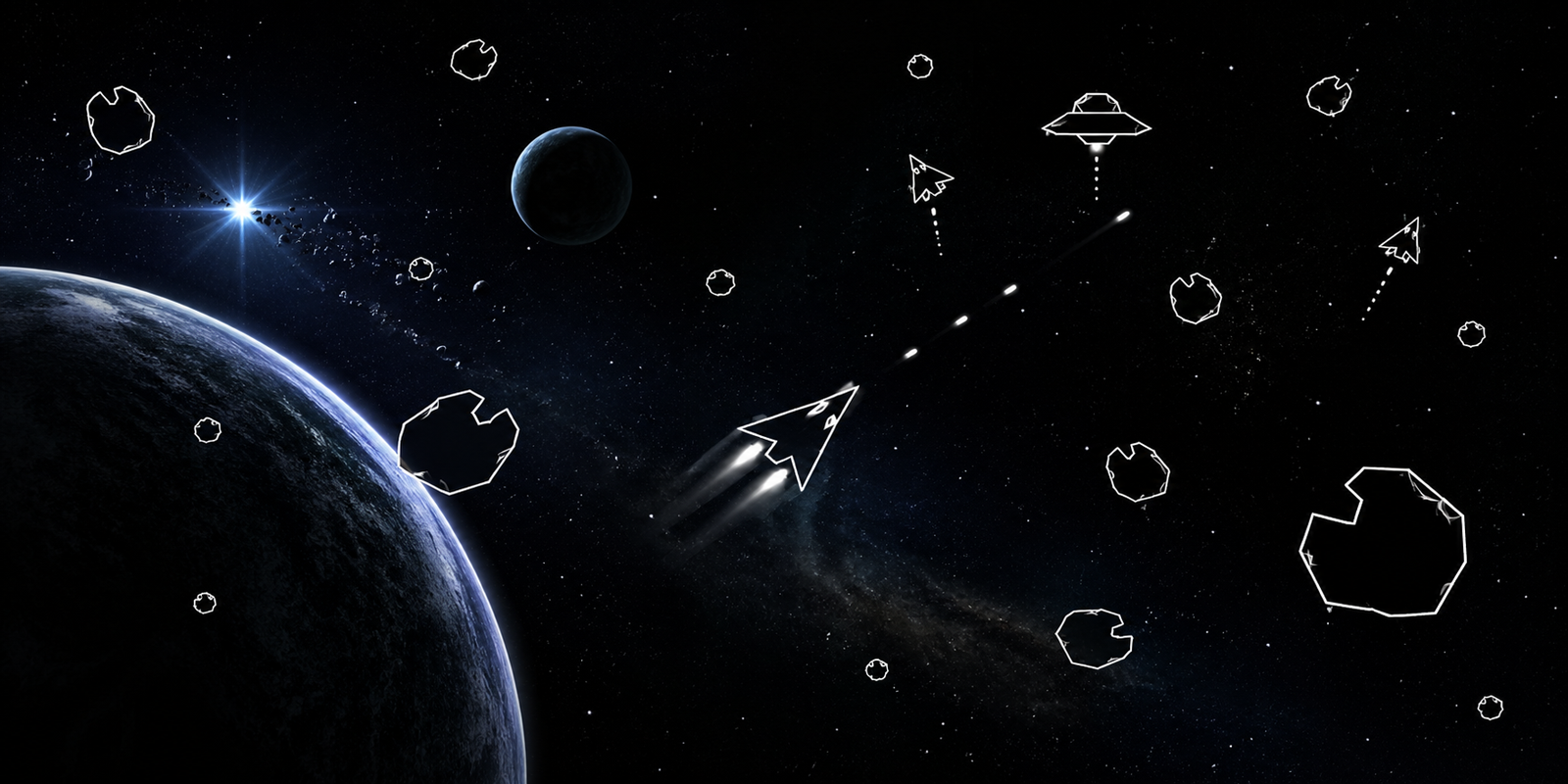 Neon-outlined ship drifting through asteroids and planets