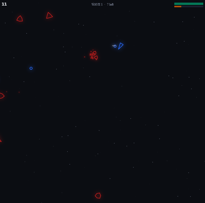 Wave 1 of Space Drifter — small blue ship, red enemies, neon outlines on a black background