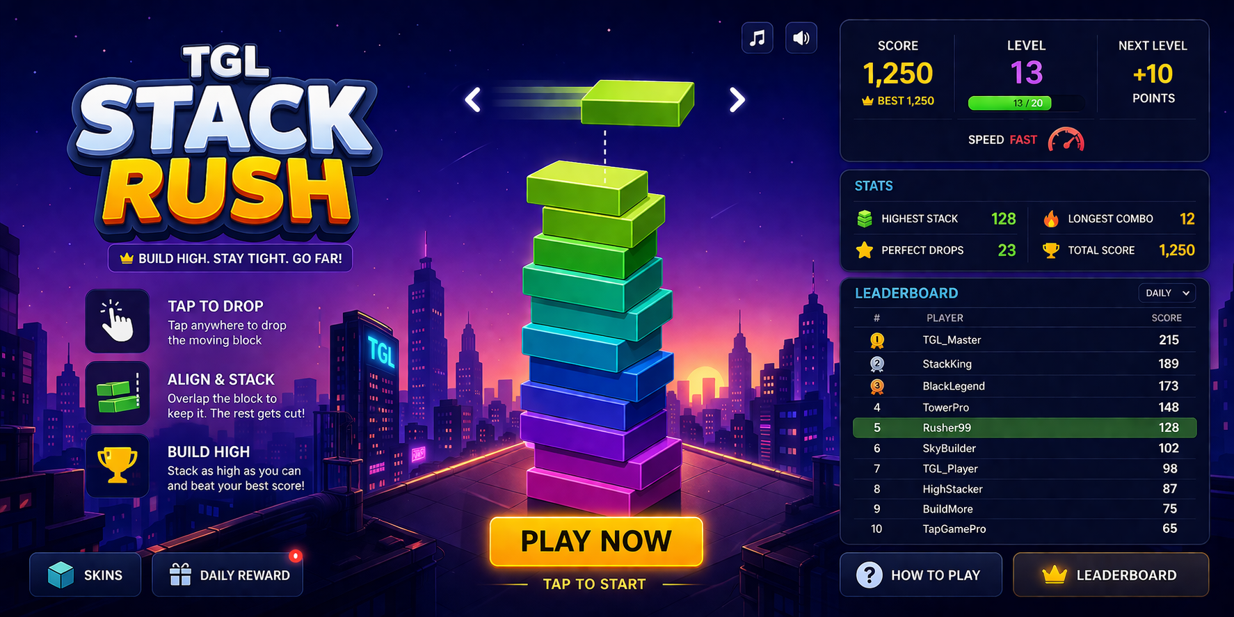 TGL Stack Rush hero — chunky neon TGL Stack Rush logo over a synthetic-sunset cityscape, a rainbow tower of beveled blocks rising from a rooftop, with score, level, stats, and leaderboard panels on the right.